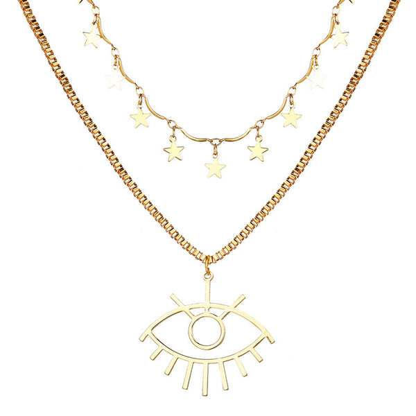 Shangri Celestial Evil Eye Layered Necklace – Gold Plated Star Charm Pendant