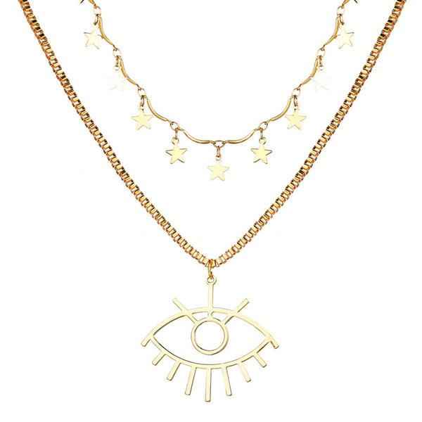 Shangri Celestial Evil Eye Layered Necklace – Gold Plated Star Charm Pendant