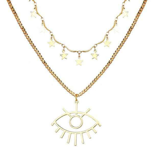 Shangri Celestial Evil Eye Layered Necklace – Gold Plated Star Charm Pendant