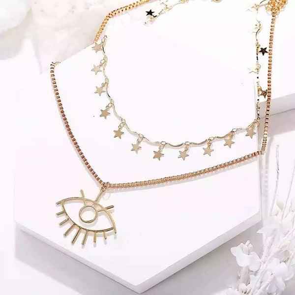 Shangri Celestial Evil Eye Layered Necklace – Gold Plated Star Charm Pendant