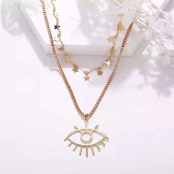 Shangri Celestial Evil Eye Layered Necklace – Gold Plated Star Charm Pendant