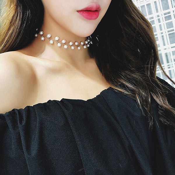 Shangri Elegant Pearl Vine Choker – Gold Plated Minimal Statement Necklace