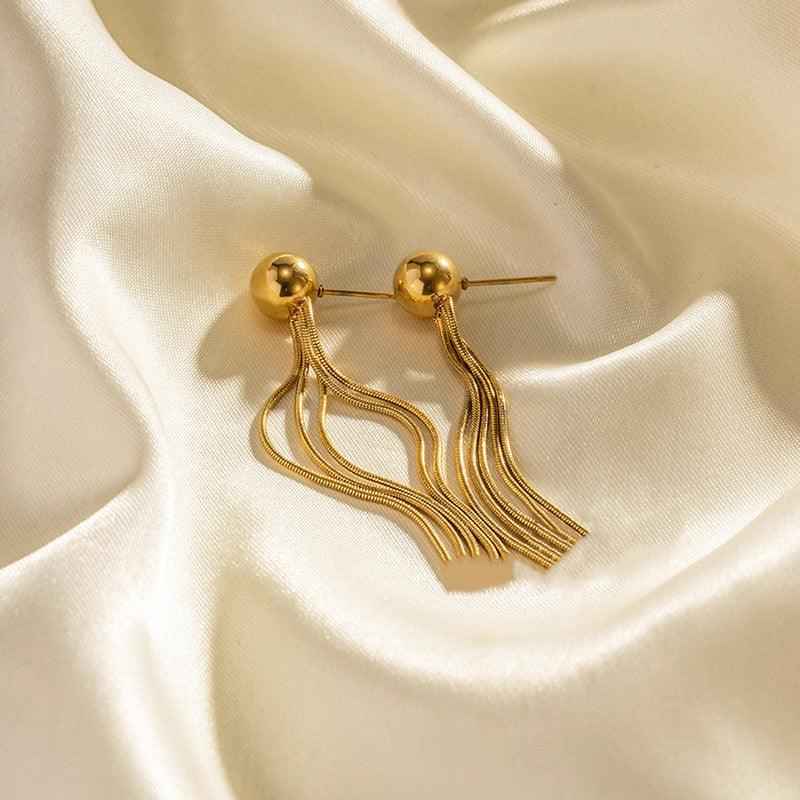 Shangri Gold Tassel Drop Earrings – Anti Tarnish Stainless Steel Minimal Statement Earrings