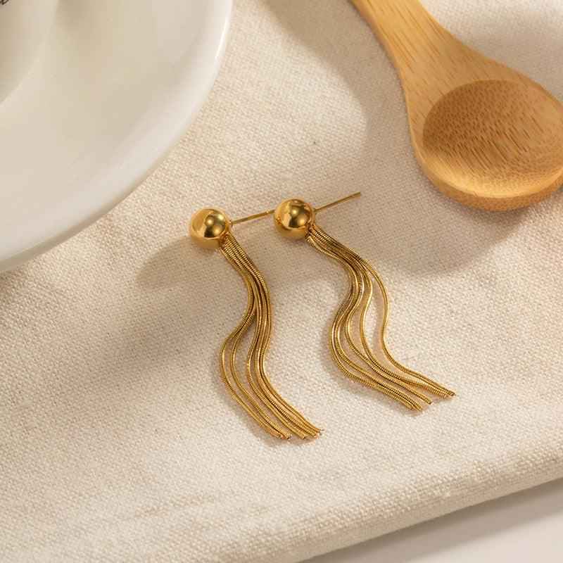 Shangri Gold Tassel Drop Earrings – Anti Tarnish Stainless Steel Minimal Statement Earrings