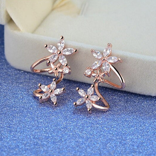 Shangri Rose Gold Floral AD Earcuff Earrings – Triple Star Crystal Statement Studs