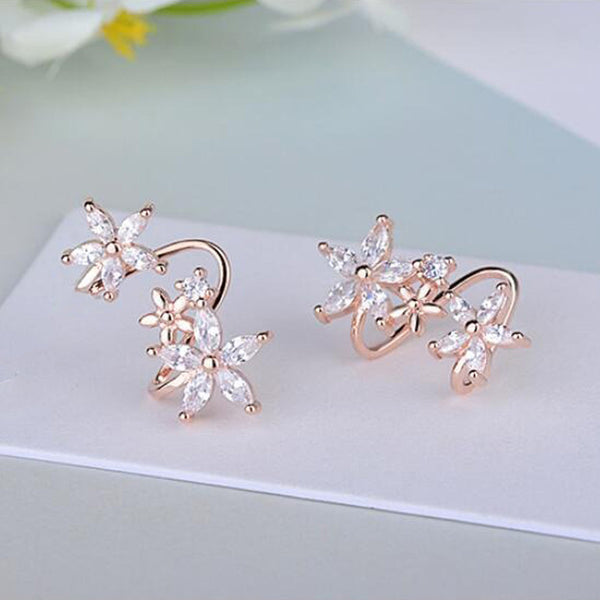 Shangri Rose Gold Floral AD Earcuff Earrings – Triple Star Crystal Statement Studs