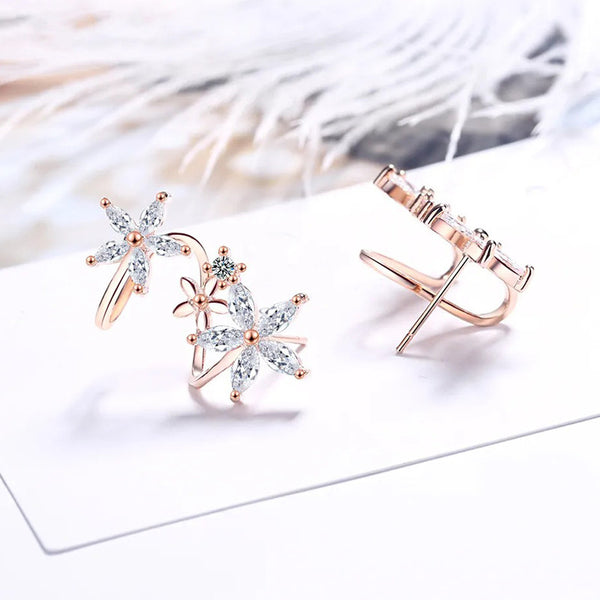 Shangri Rose Gold Floral AD Earcuff Earrings – Triple Star Crystal Statement Studs