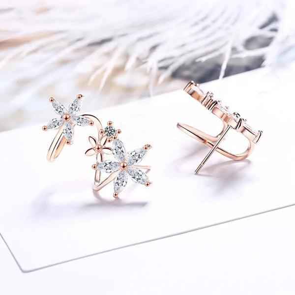 Shangri Rose Gold Floral AD Earcuff Earrings – Triple Star Crystal Statement Studs