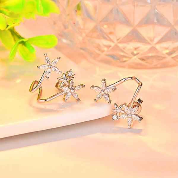 Shangri Rose Gold Floral AD Earcuff Earrings – Triple Star Crystal Statement Studs