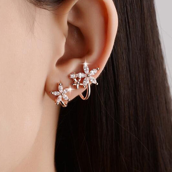 Shangri Rose Gold Floral AD Earcuff Earrings – Triple Star Crystal Statement Studs