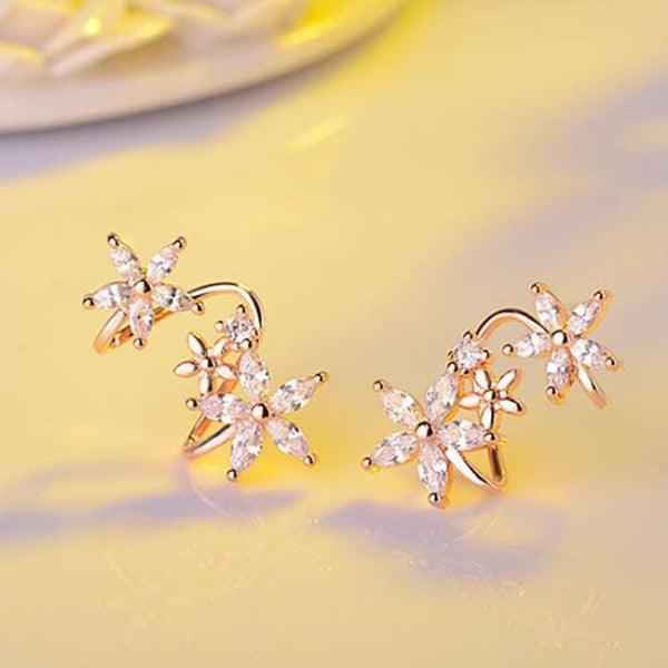 Shangri Rose Gold Floral AD Earcuff Earrings – Triple Star Crystal Statement Studs