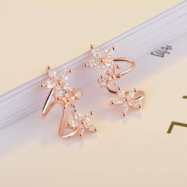 Shangri Rose Gold Floral AD Earcuff Earrings – Triple Star Crystal Statement Studs