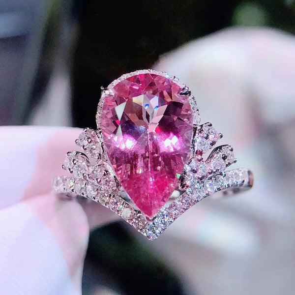 Silver Plated Anti-Tarnish American Diamond Crushed Ice Cut Pink Teardrop Finger Ring