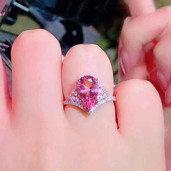 Silver Plated Anti-Tarnish American Diamond Crushed Ice Cut Pink Teardrop Finger Ring