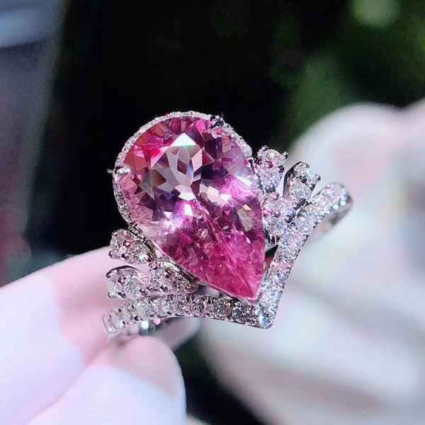 Silver Plated Anti-Tarnish American Diamond Crushed Ice Cut Pink Teardrop Finger Ring