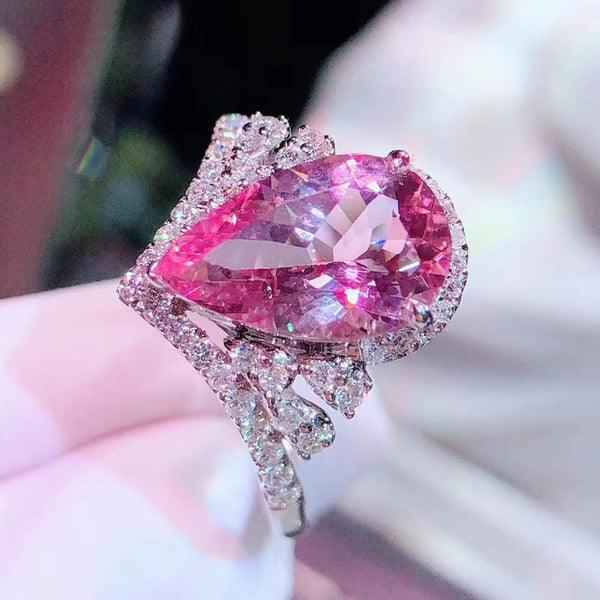 Silver Plated Anti-Tarnish American Diamond Crushed Ice Cut Pink Teardrop Finger Ring