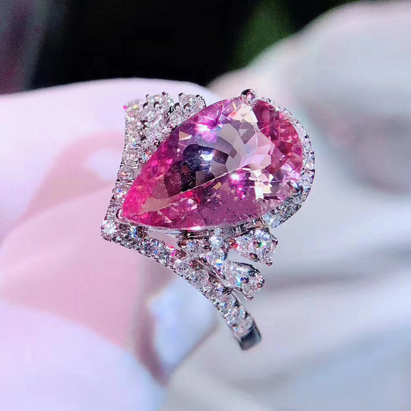 Silver Plated Anti-Tarnish American Diamond Crushed Ice Cut Pink Teardrop Finger Ring