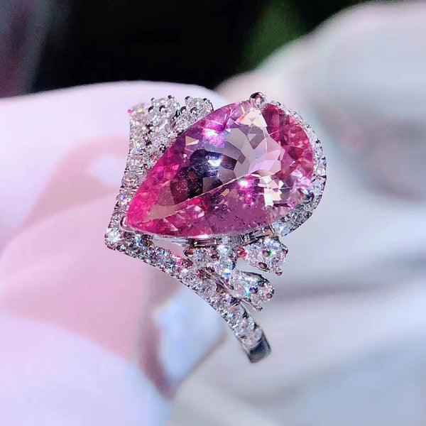 Silver Plated Anti-Tarnish American Diamond Crushed Ice Cut Pink Teardrop Finger Ring