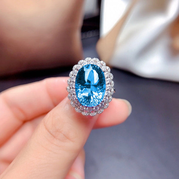 Silver Plated Anti-Tarnish American Diamond Crushed Ice Cut Blue Oval Finger Ring