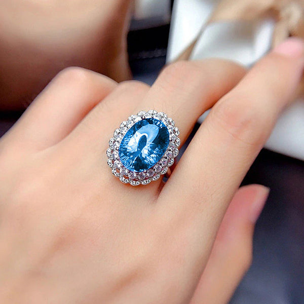 Silver Plated Anti-Tarnish American Diamond Crushed Ice Cut Blue Oval Finger Ring