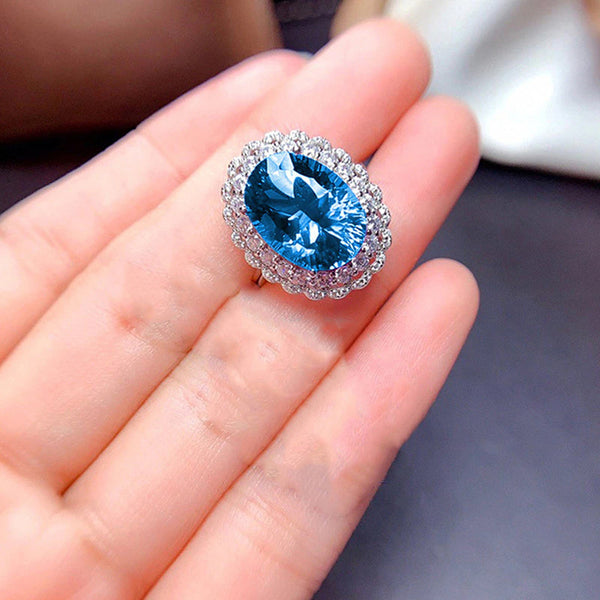 Silver Plated Anti-Tarnish American Diamond Crushed Ice Cut Blue Oval Finger Ring