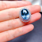 Silver Plated Anti-Tarnish American Diamond Crushed Ice Cut Blue Oval Finger Ring