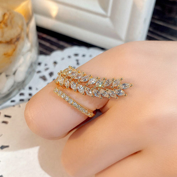 Gold Plated CZ Stone-Studded Leaf Inspired Adjustable Finger Ring