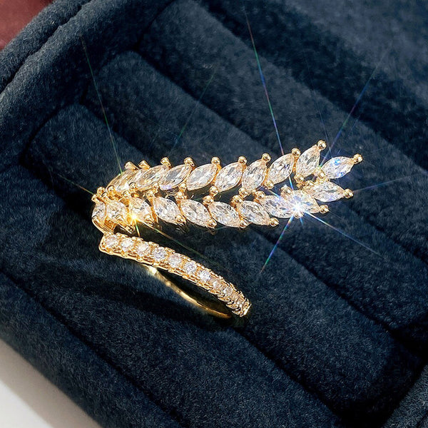 Gold Plated CZ Stone-Studded Leaf Inspired Adjustable Finger Ring