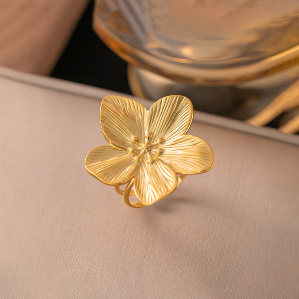 Gold Plated Anti Tarnish Stainless Steel Floral Themed Adjustable Ring