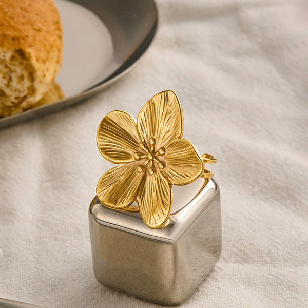 Gold Plated Anti Tarnish Stainless Steel Floral Themed Adjustable Ring
