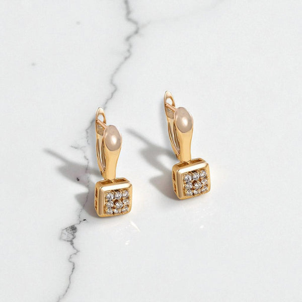 Gold-Plated Contemporary Square AD Studded Hoop Earrings