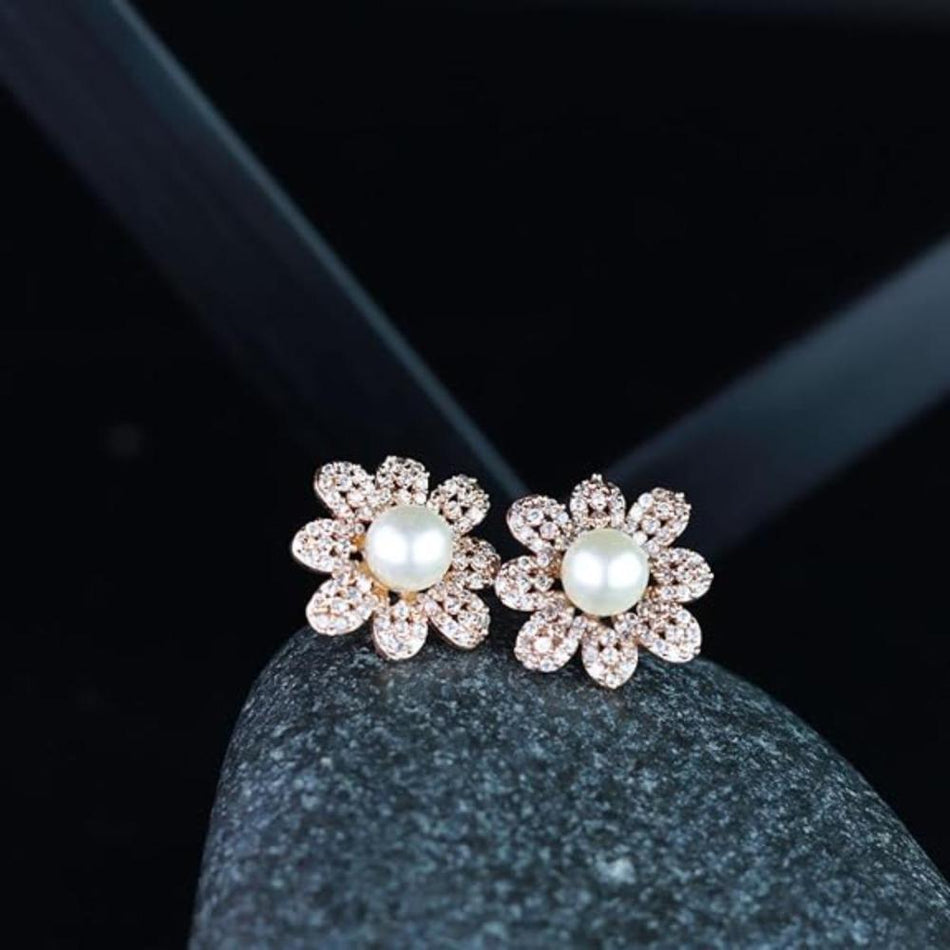Rose Gold Plated Cubic Zirconia Floral Pearl Stud Earrings