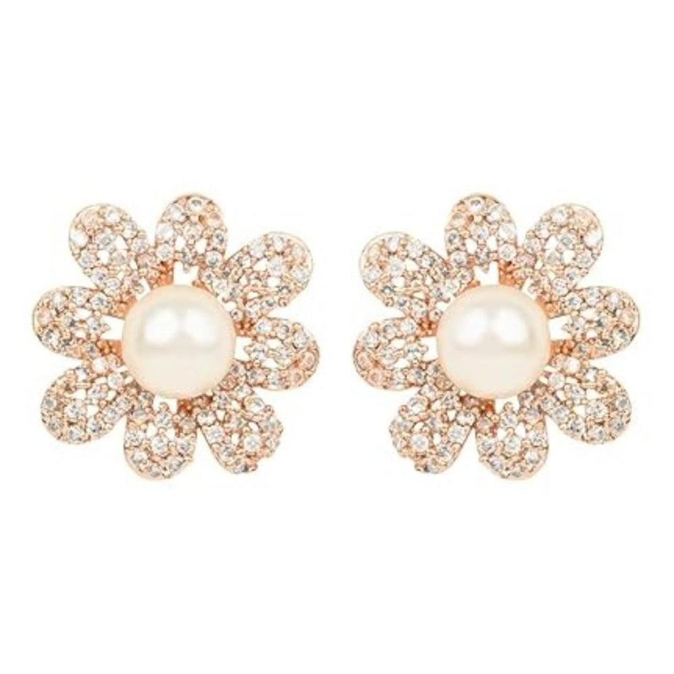 Rose Gold Plated Cubic Zirconia Floral Pearl Stud Earrings