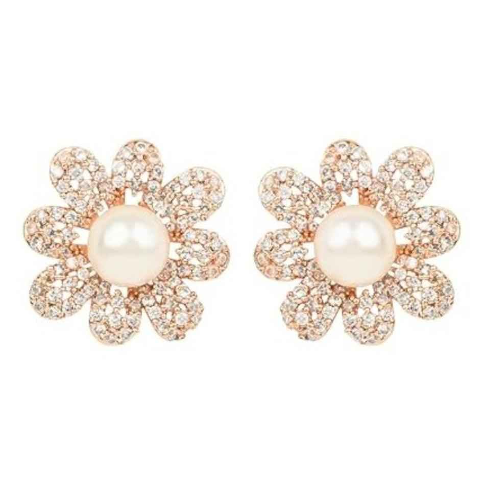 Rose Gold Plated Cubic Zirconia Floral Pearl Stud Earrings