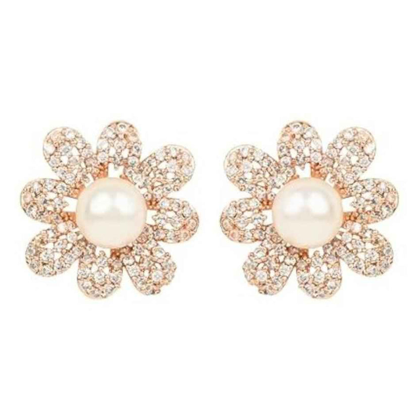 Rose Gold Plated Cubic Zirconia Floral Pearl Stud Earrings