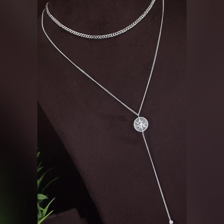 Double Layer Star Pendant Long Chain Necklace – Modern Western Style
