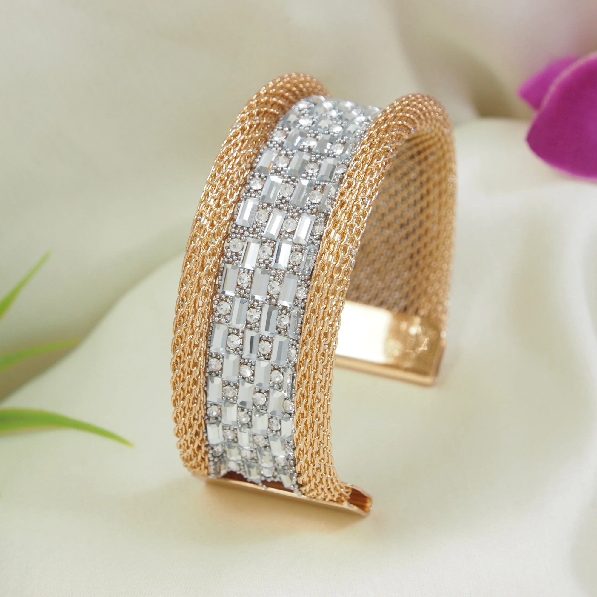 Crystal-Studded Adjustable Cuff Kada – Gold Plated | Modern Fashion Style