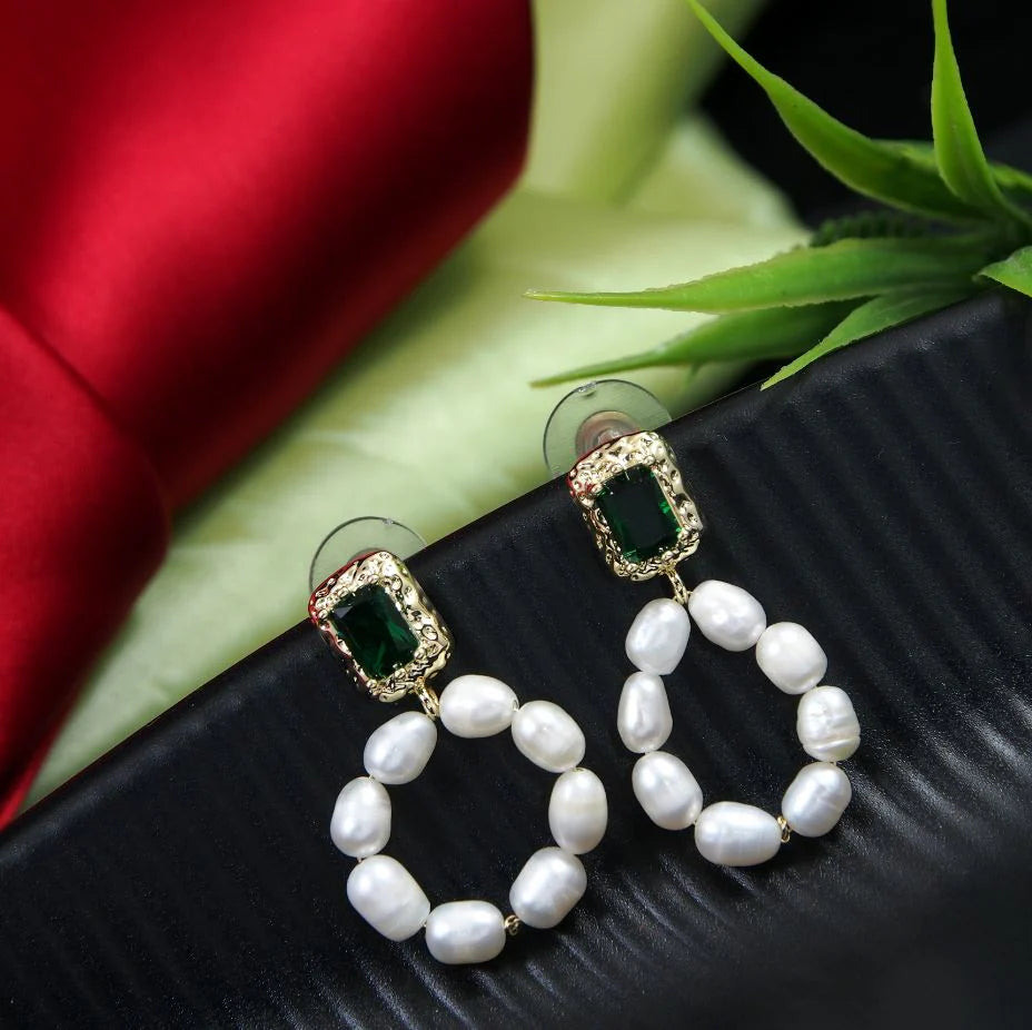 Korean Green Emerald Pearl Drop Earrings – Gold / Silver / Rosegold Plated