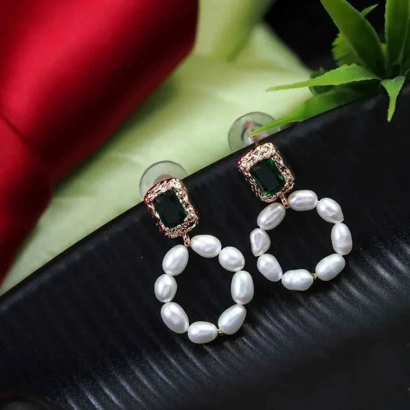 Korean Green Emerald Pearl Drop Earrings – Gold / Silver / Rosegold Plated
