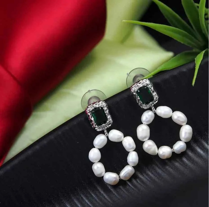 Korean Green Emerald Pearl Drop Earrings – Gold / Silver / Rosegold Plated