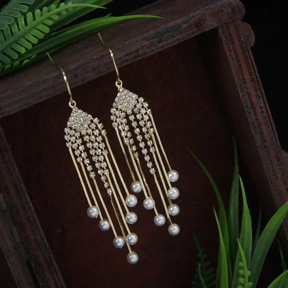 Korean Rhinestone Pearl Chain Long Earrings – Gold / Silver / Rose Gold Plated - Shangri 