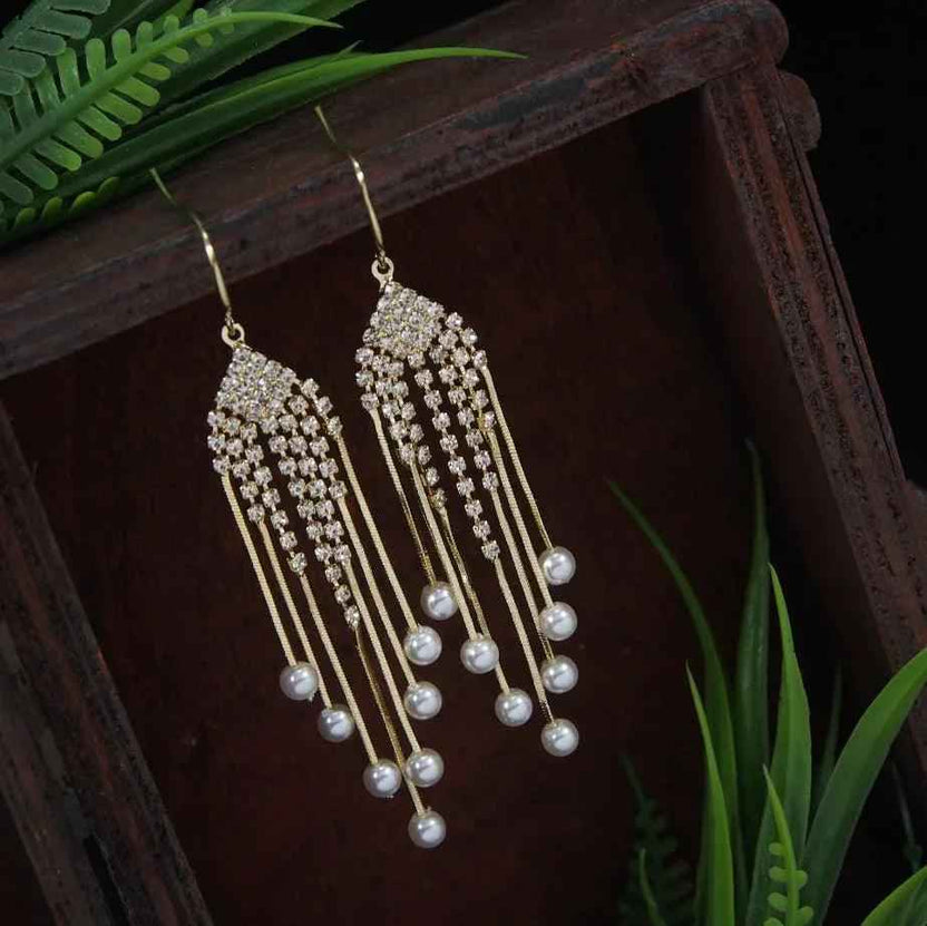 Korean Rhinestone Pearl Chain Long Earrings – Gold / Silver / Rose Gold Plated
