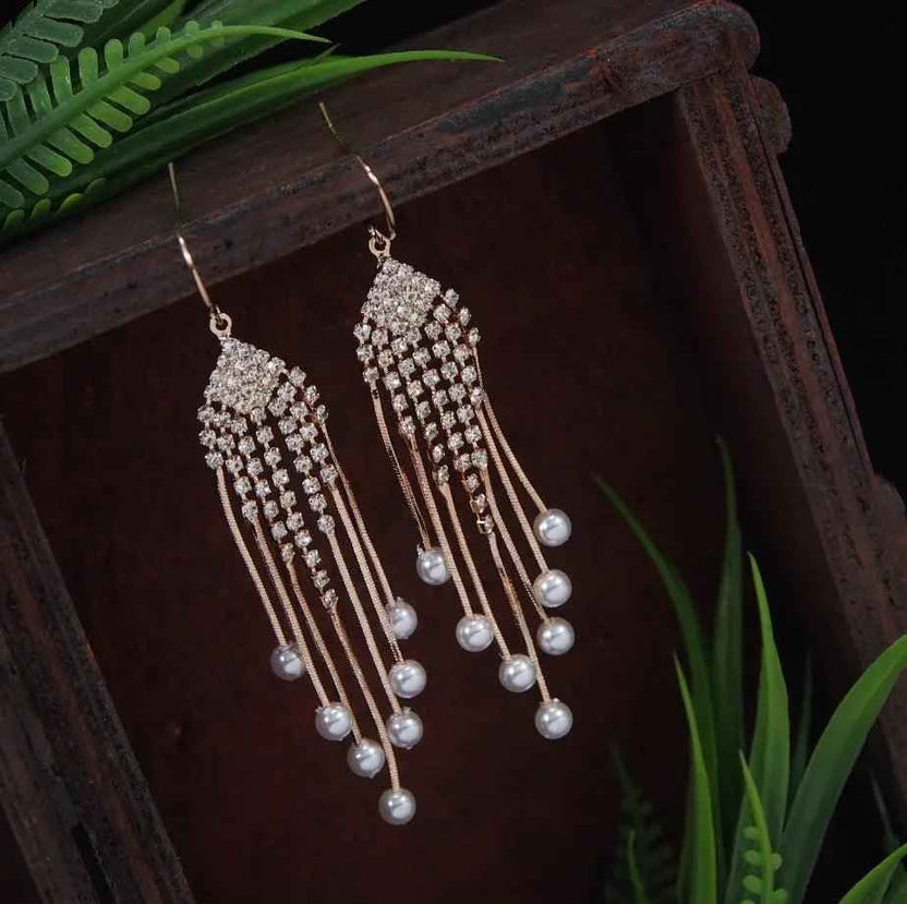 Korean Rhinestone Pearl Chain Long Earrings – Gold / Silver / Rose Gold Plated