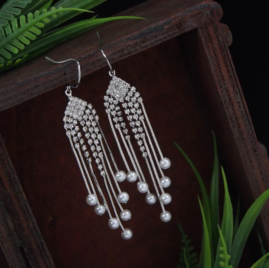 Korean Rhinestone Pearl Chain Long Earrings – Gold / Silver / Rose Gold Plated - Shangri 