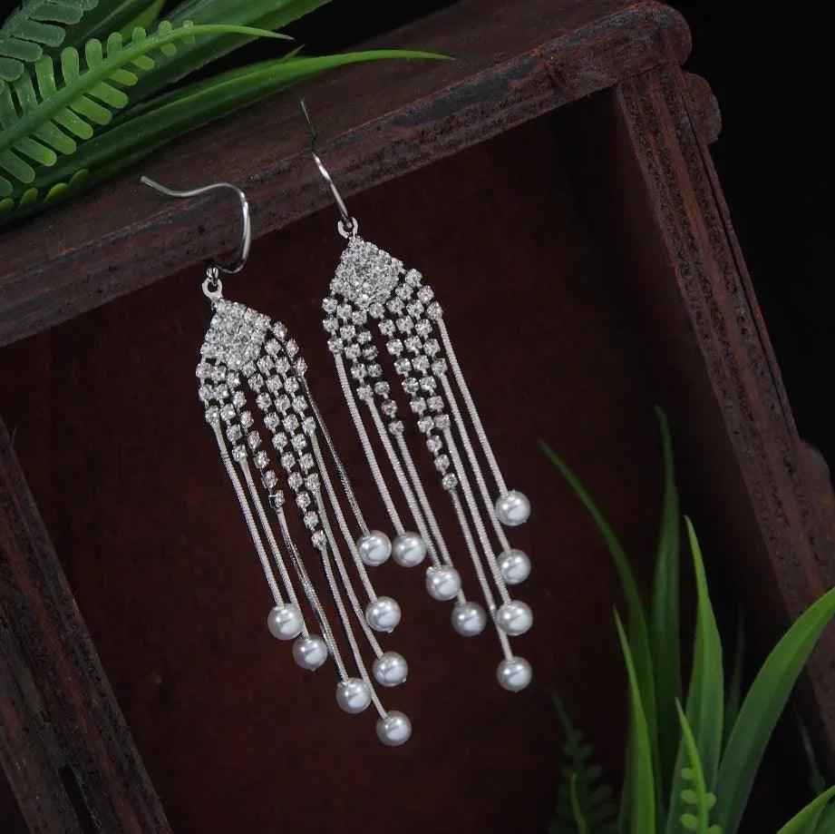 Korean Rhinestone Pearl Chain Long Earrings – Gold / Silver / Rose Gold Plated