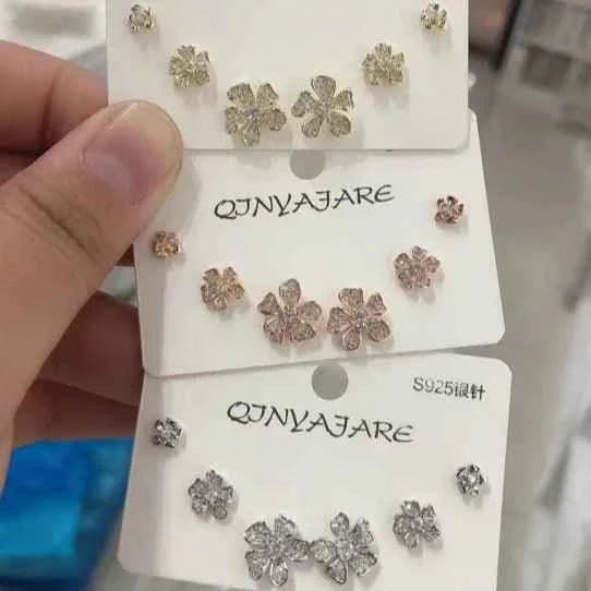 Korean CZ Flower Earring Set – Three Pair Combo | Gold / Silver / Rosegold Plated