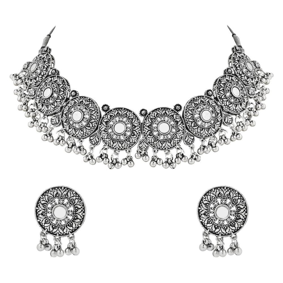 Ethnic Silver Oxidized Afghani Choker Necklace Set with Earrings