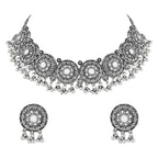 Ethnic Silver Oxidized Afghani Choker Necklace Set with Earrings