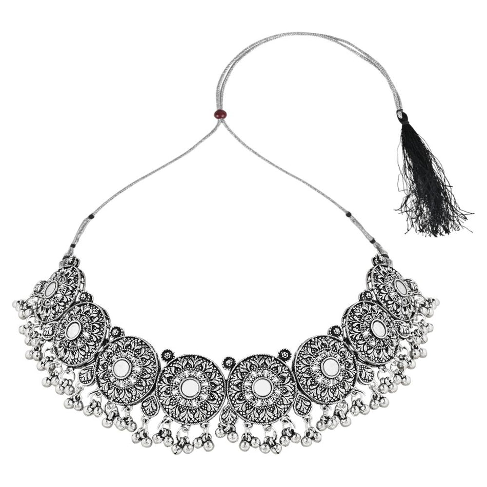 Ethnic Silver Oxidized Afghani Choker Necklace Set with Earrings
