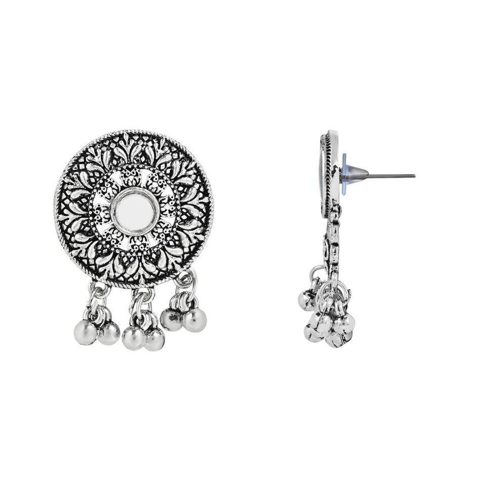 Ethnic Silver Oxidized Afghani Choker Necklace Set with Earrings